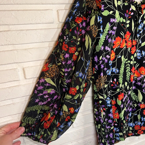 Maeve Black Floral Metallic Mixed Media Balloon Sleeves Top, Women’s Size Small - Picture 2 of 9